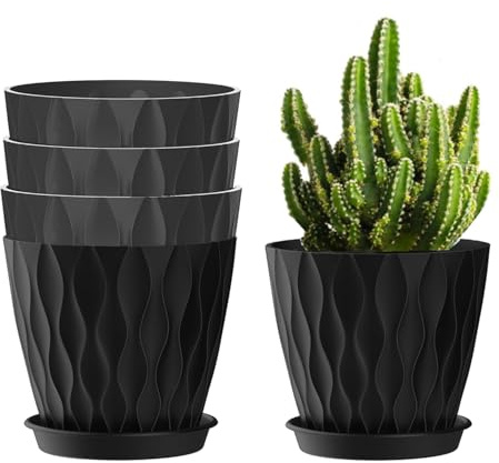 Zinaroty Lot de 5 pots de fleurs, modernes, en plastique, 15 cm, avec trous de drainage et soucoupe, pour plantes d'intérieur et d'extérieur, noirs