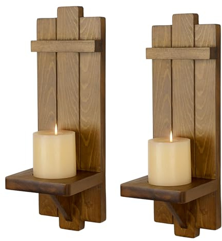 BSTKEY 2 Packs Wooden Wall Mounted Candle Holder Hanging Candle Sconces, Decorative Wall Pillar Candle Stand Farmhouse Sconces for Bathroom Living Room (Brown)