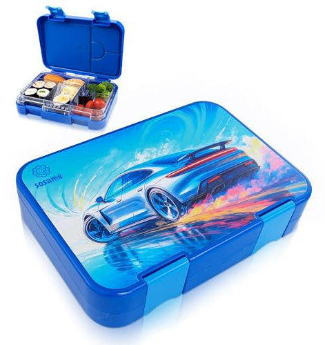 sosame® Brotdose für Kinder mit 6 Fächern – Bento Lunchbox auslaufsicher – Jausenbox für Schule & Kindergarten (Blau - Auto)