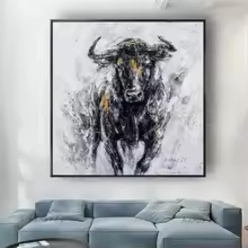 HIPWST Ölgemälde mit abstraktem Tier, Stier, Wandkunst, Bild, Cartoon-Kuh auf Leinwand, Zeichnung, Dekoration, Wohnzimmer, Arbeitszimmer, 80 x 80 cm, rahmenlos