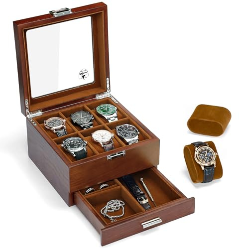 Slege Porta Orologi in Legno a 6 Posti,Scatola Portaorologi a 2 Livelli,Fatto Mano Elegante Scatola per Orologi,Coperchio in Vetro, Fodera Morbida,Cuscini Rimovibili,Watch Box per Uomo Regalo
