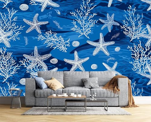 Fotomurales Estrella De Mar Coral 400X280Cm Papel Pintado Decoración De Pared Tema Náutico, Murales Póster Azul Real Efecto 3D, Decorativos Murales Para Dormitorio Salón Tv Pared