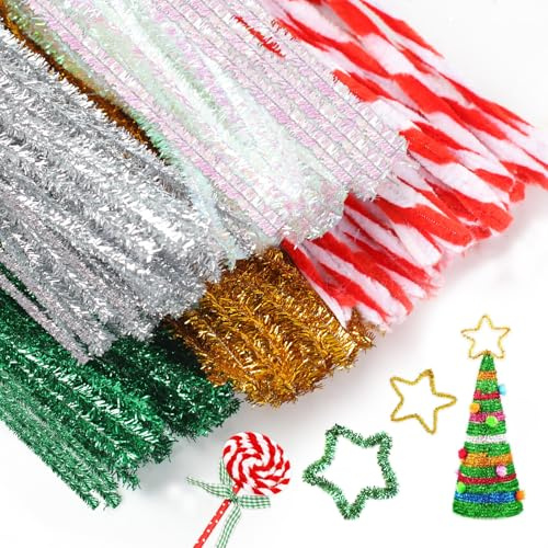 Honosen 200 Pcs Pfeifenputzer Zum Basteln Glitzer, Pfeifenreiniger Glitzer | Pfeifenreiniger Zum Basteln, Chenilledraht, Pfeifenputzer für Weihnachten und Dekorieren, 30cm × 6mm, Bunt