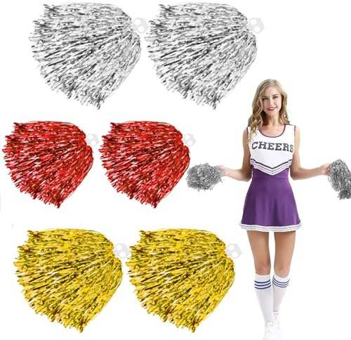 YUZHEDM 6 Stück Cheerleader Pompons, Enthält Gold, Silber und Rot, Pompoms Cheerleading, Pom Poms Cheerleading, Geeignet für Wettbewerbe, Theateraufführungen, Geburtstagsfeiern, Festivals