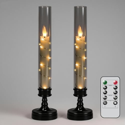 Eldnacele LED Stabkerzen in Schwarz, 2er Set mit Timer und Lichterkette | Kerzen mit Fernbedienung, schwarze Sockel, Acrylhüllen, Ø 5,5 × 25 cm, flackernd, batteriebetrieben, Tischdeko und Hochzeit
