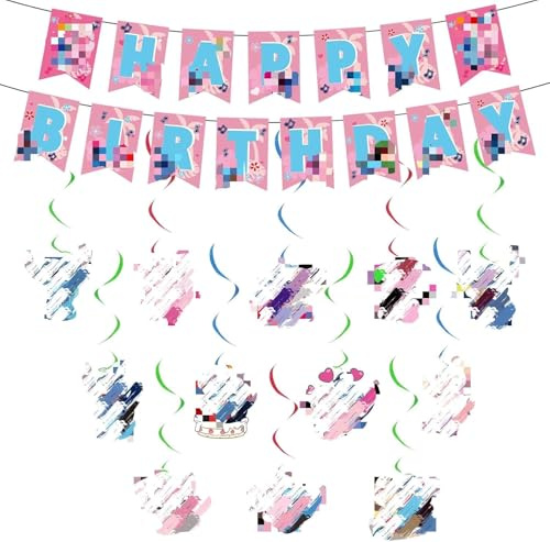 Geburtstagsparty Deko,13Pcs Pink Geburtstag Banner Swirl Decorations Geburtstagsdeko, Bunting Girlande Hängende Deko Happy Birthday Banner Dekoration für Kinder thema Geburtstag Party Deko