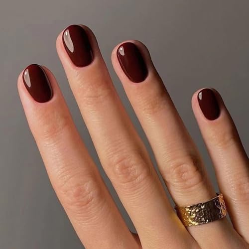 TESGADGETS 24 Stück Extra kurze künstliche Stücke quadratisch weinrot zum Aufdrücken zierliche einfarbige Acryldesigns kurze Kunstnägel Klebenägel für Frauen und Mädchen DIY-Maniküre-Dekorationen