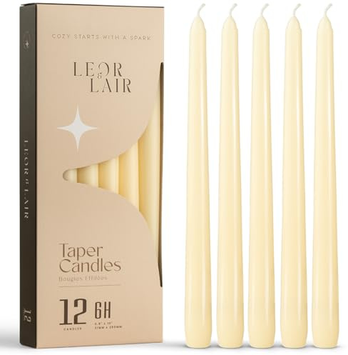 Leor & Lair Ivory Taper Candles - 12 Pack 10 Ivory Candlesticks - Unscented Cream Candle Sticks for Home Decoration, Holiday Tables, Weddings, Restaurants & Business Events