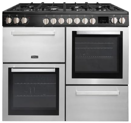 Tesla Dual Fuel Cooker - Freestanding Stainless Steel, A/A/A Energy, 7-Burner Gas Hob, 100cm Double Cavity, 62L & 62L Ovens, Easy Clean Enamel, LED Timer, (T100MCDFRCSS)