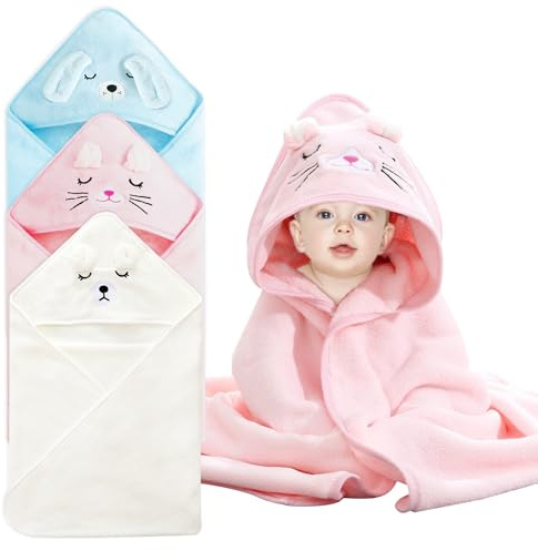 3Stück Kapuzenhandtuch Baby, 80 x 80 cm Handtücher Badetuch,Kapuzenhandtuch Weich Baby Badetuch Super saugfähig Bademantel für Babys und Kleinkinder-Weißer Bär + rosa Kaninchen + blauer Hund