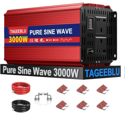 Pure Sine Wave Power Inverter 3000w DC 24V to AC 240V Voltage Converter with 2 AC Outlets,LCD Remote Control,for Motorhomes,Trucks,Boats,Camping,6000W Peak Power