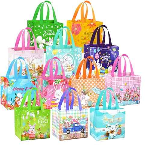DECHISY 24 Stück Geschenktüten Ostern mit Griff, 21 x 15 x 20 cm, Kleine Wiederverwendbare Osterkorb für Kinder aus Vliesstoff, 12 verschiedene Designs, für Kinder, Eiersuche, Frühlingsparty