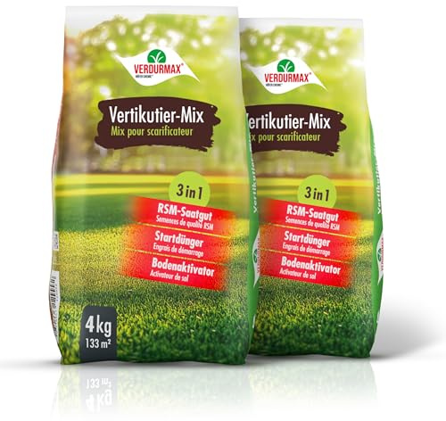 Verdurmax 2 x 4 kg Scarificateur -Mix 3 en 1 - Semences Engrais Activateur | Mélange de Semences Gazon RSM, Engrais de Démarrage et Activateur de Sol - Régénération Rapide Pelouse Dense et Verte