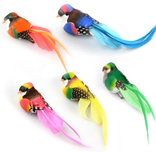 Hontaog 5 Pieces Clip Artificial Birds Feathers, Handmade Robin Garden Decorations Colourful Bird Simulated Bird Ornaments DIY Crafts Garden Bird for Christmas Tree Ornament Home Party Decors