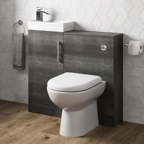 BAYSTONE® 900mm Combination Vanity Unit Furniture Set, Wash Basin Bathroom Sink, BTW Toilet Pan & Soft Close Seat, Storage Cabinet, Reversible, Charcoal Grey
