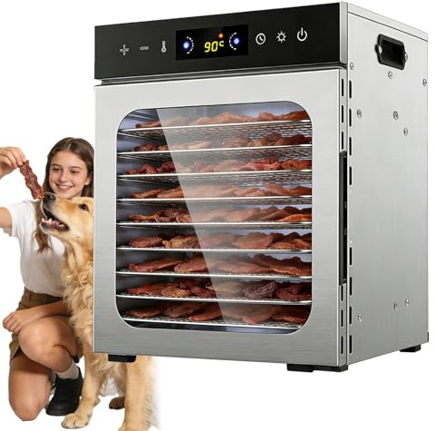 SEDAMORALLY Essiccatore Alimentare Professionale,Essiccatore in Acciaio Inox, Timer 24 Ore, termostato Digitale, 30-90°C, LED, 360° Aria, Include ricetta, per Frutta, Verdura, Carne, Fiori 10trays