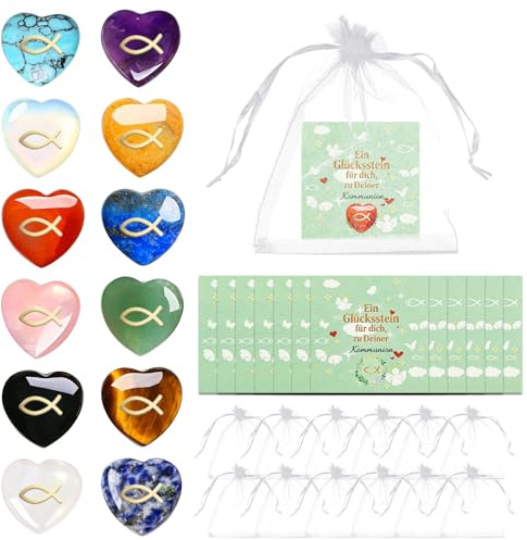 YDUNARISE 36pcs Kleine Geschenke zur Kommunion,12x Herz Glückssteine mit Grußkarte & Organzabeutel,Gastgeschenke für Taufe Konfirmation