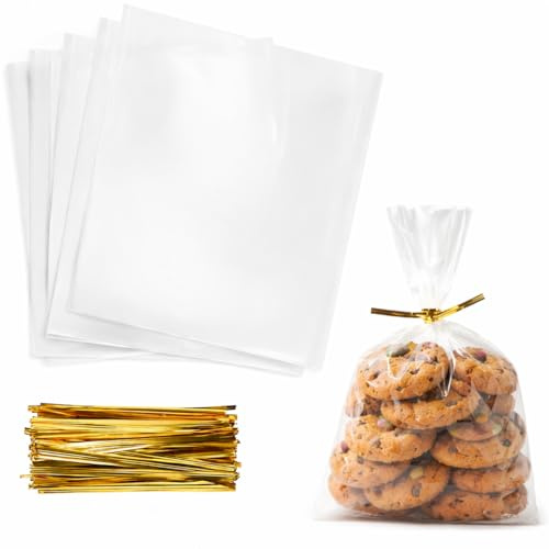 100 Stück Durchsichtige Cellophantüten, 15x25cm Geschenktüten, Plastiktüten, mit Metallbändern, Zellophan mit, Klarsicht Geschenkbeutel für Party & Hochzeit