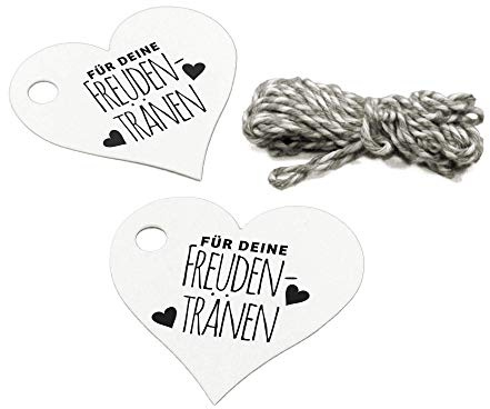 Frau WunderVoll® 40 Anhänger weiß + 12m Kordel - Herz, 5,8 cm, FÜR Deine FREUDENTRÄNEN Geschenkanhänger/Papieranhänger/Pappanhänger/Tags/Gastgeschenk Hochzeit