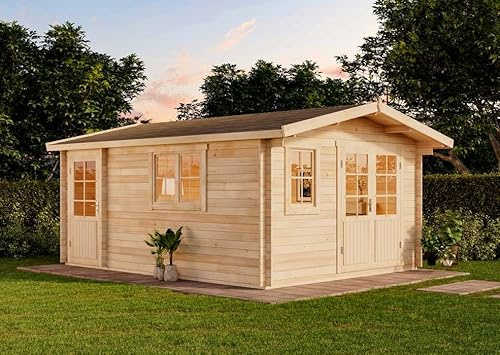 Alpholz 2-Raum Gartenhaus Jennifer 380x550cm Naturbelassen 28mm Wandstärke | aus Holz (Nordische Fichte|Kiefer), Blockbohlenbauweise, Satteldach