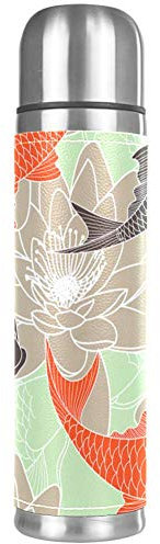 Wasserflasche mit japanischem Karpfen und Lotus-Muster, auslaufsicher, Edelstahl, Thermoskanne für heiße und kalte Getränke, 500 ml, für Büro, Schule, Reisen 26x6.7cm/10.2x2.6 in Mehrfarbig01