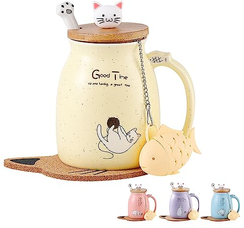MengCat Tazza di Gatto Tazza di caffè in Ceramica Carina con Gattino Adorabile Coperchio,Cucchiaio in Acciaio Inossidabile, novità Morning Cup tè Latte Natale Boccale Regalo 380ml