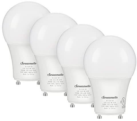 DEWENWILS GU24 LED Light Bulb, 60W Equivalent, Dimmable 2 Prong Light Bulbs, 5000K Daylight White, 9W 800 Lumens, A19 Shape Bulbs, GU24 Twist Lock Base, UL Listed, 4 Pack