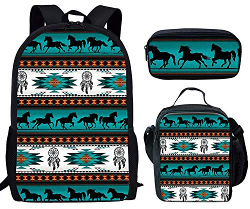 Binienty Kinder Mode Schulranzen Set 3 in 1, Rucksack, Lunchtasche, Federmäppchen für Jungen Mädchen, Türkis Azteken-Pferd, Einheitsgröße,