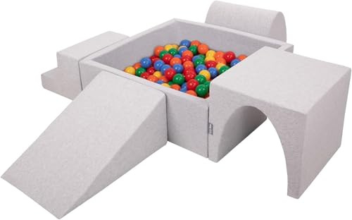 KiddyMoon Spielplatz Aus Schaumstoff Mit Quadrat Bällebad (200 Bälle) Ballgruben Für Babys Spielbad Hindernisläufen, Hergestellt In Der EU, Hellgrau:Gelb/Grün/Blau/Rot/Orange