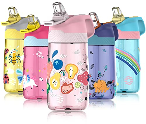 Fjbottle Kids Water Bottle with Straw, BPA Free Leak Proof 450ml Drinking Bottle, Eco Friendly Tritan Sports for Kids, One Click Flip Lid