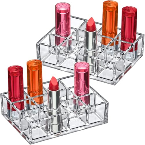 Amazing Abby - Allure - 2-Pack 12-Slot Acrylic Lipstick Organizer, Lipstick Holder, Lip Gloss Holder, Cosmetic Storage Display, Perfect Storage Solution for Drawer and Vanity (Slot Size: 1.0 x 1.0)