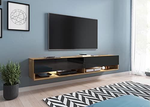 PIASKI Meuble TV Lowboard A 180 cm, meuble TV, couleur noir Wotan, éclairage LED en option (avec éclairage LED)