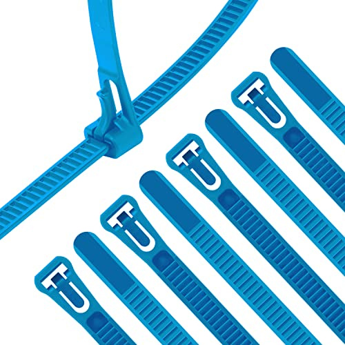 XINGO 100PCS Reusable Cable Ties Blue, 200mm x 7.6mm, Releasable Adjustable Wire Cable Ties, Multi-Purpose Use Plastic Tie Wire for Indoor and Outdoor
