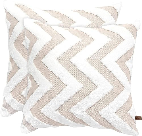 HAMUR HOME 2er Set Kissenbezüge 45x45 cm Boho Dekokissen Kissenbezug Sofakissen Dekorativ Couchkissen Kissenhülle Zierkissenbezug Set Kissen für Wohnzimmer Schlafzimmer (Line, Beige)