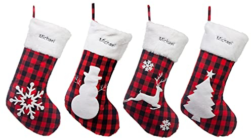 Glooraca Personalisierte Weihnachtsstrümpfe mit Namen, rot, schwarz, Büffelmuster, Dekoration, Weihnachtsstrümpfe, hängende Weihnachtsdekoration und Familienfeiertags-Party-Dekoration