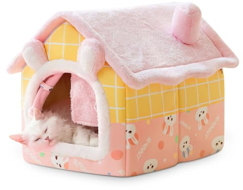 ALLSOPETS Hundehaus für Drinnen, Faltbare Hundehöhle und Katzenhöhle, Warmes und Gemütliches Hundehaus Indoor, Waschbares Haustierbett mit Abnehmbarem Kissen (Rosa Häschen, M)