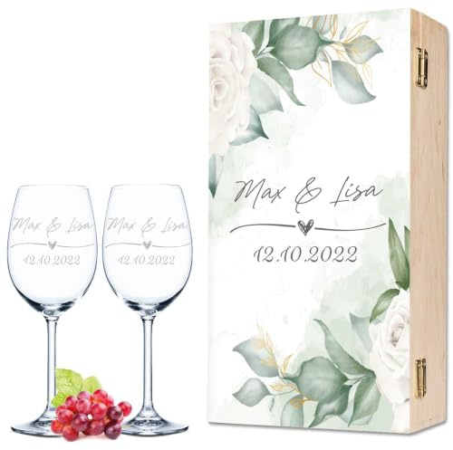 GRAVURZEILE Leonardo Weingläser mit Gravur - Wedding Love Design - Personalisiert mit Namen & Datum inkl. Holzkiste - Geschenk zur Hochzeit, Verlobung oder Jahrestag - Farbe: Kleine Kiste UV