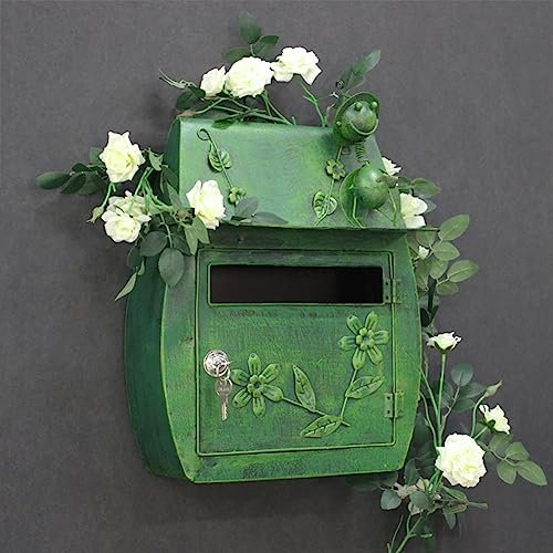 MegLob Cassetta Postale in Ferro Battuto da Giardino Vintage, Organizzatore di Posta Esterno Interno Montato A Parete, Scatola di Suggerimenti con Serratura, Facile da Installare,Verde