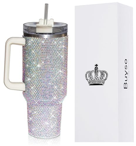 Buyso Glitzernder Becher mit Griff, Strasssteine, Becher mit Deckel und Strohhalm, isoliert, Edelstahl, doppelwandig, Wasserbecher, Reisebecher für Damen, 1,2 l, glänzend, 1,2 l