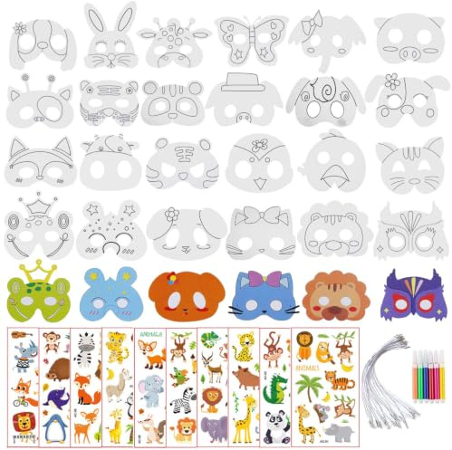 W Rxkiocs 34 Stück Masken zum Bemalen Kinder Masken Basteln Kinder | Tiermasken Zum Bemalen Kinder, Papier Maske mit Tier Tattoo Aufkleber für Dschungelparty Allerheiligen Verkleidungsparty