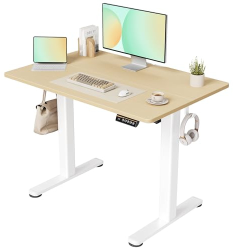 Claiks Schreibtisch Höhenverstellbar Elektrisch, Höhenverstellbarer Schreibtisch 100x60 cm, Standing Height Adjustable Desk, Weiß Gestell/Beige Oberfläche