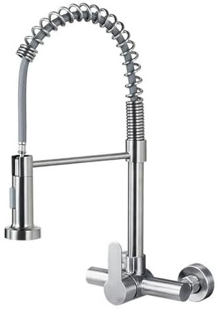 Küchenarmatur Wandmontage Edelstahl Gebürstet Wasserhahn 360° Drehbar Auslauf Wasserhahn Küche Warm und Kalt Mischbatterie Küche Wandarmatur-Gebürstet
