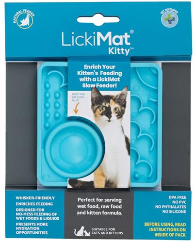 LickiMat Kitty Cat Food Mat - Cat Slow Feeder with Micro Dish for Added Hydration - Perfect for Food, Treats, Yoghurt & Anxiety Relief for Cats - Fun Alternative to a Slow Feeder Cat Bowl - Turquoise