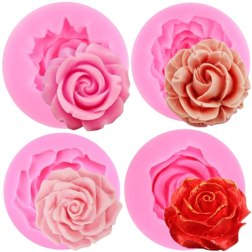RFGHAC Blume Silikonformen 3D Rose Blume Fondant Silikonformen für Kuchen Dekorieren Cupcake Topper Polymer Clay Candy Chocolate Gum Paste Set von 4