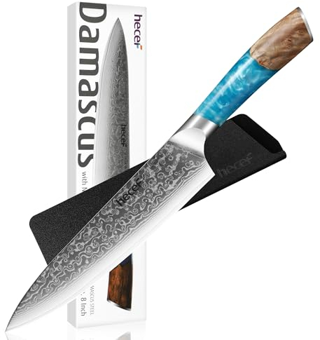 hecef Damastmesser, Kochmesser Profi Messer mit Ergonomischem Harzgriff, 67 Lagen Damast Küchenmesser Scharf mit Messerschutz, 20CM Japanisches Messer, Geschenk für Chef und Kochbegeisterte