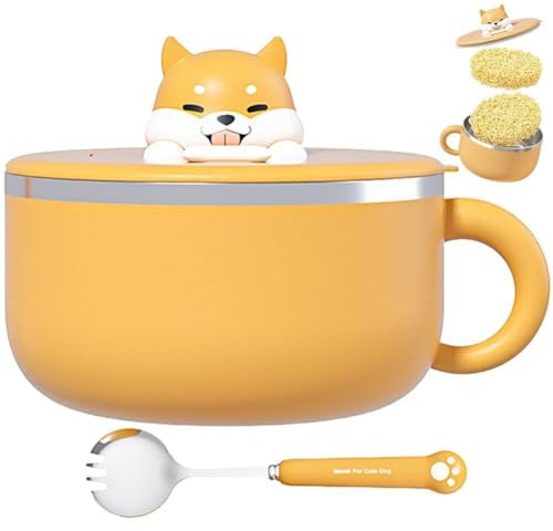 1200ml Ramen Bowl Cute Dog Stainless Steel Instant Noodle Bowl with Lid and Spork Ramen Cooker Soup Bowls for Home