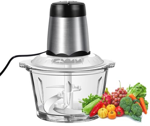 Mini Chopper Mini Food Processor 2L Food Chopper Vegetable Chopper with Glass Bowl, Meat Grinder with 4 Blades, Multi Chopper for Meat Vegetable Fruit Nuts