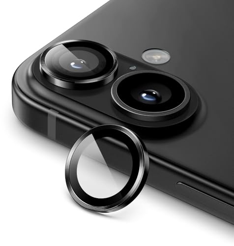 JETech Protection Objectif Caméra pour iPhone 16/16 Plus, Noir, 1 Série | Verre Trempé 9H, Anneau Individuel en Métal, Transparent HD