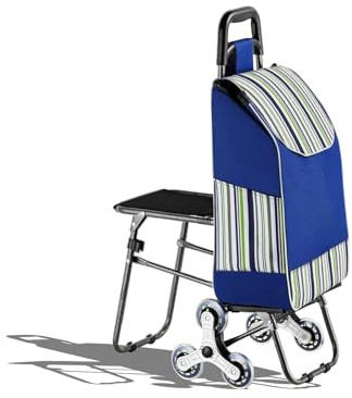 Einkaufswagen mit großen Rollen für Treppensteiger, Einkaufstrolley mit Hocker und Abnehmbarer Einkaufstasche, Faltbarer Einkaufstrolley mit 6 Rollen,bis 75 kg belastbar(Blau,Einkaufstrolley-1)
