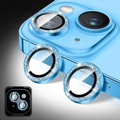 Kucheed Bling Camera Lens Protector Compatible for iPhone 13/13 Mini, Glitter Tempered Glass Camera Cover Film Stickers, Sparkling Automatic Alignment Individual Metal Rings Phone Accessories